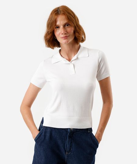 polo feminina de tricot manga curta off white P polo feminina de tricot manga curta off white P