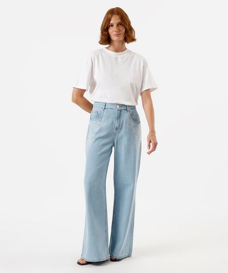 calça wide leg feminina jeans bordado floral azul 40 calça wide leg feminina jeans bordado floral azul 40
