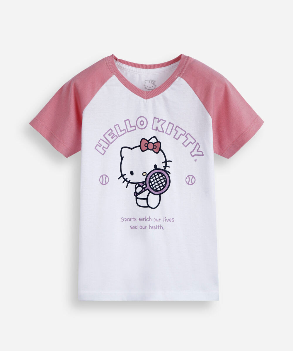 camiseta raglan infantil de algodão hello kitty off white