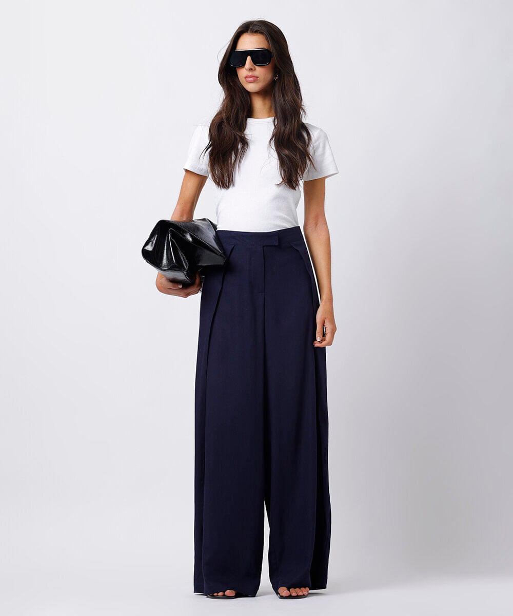 calça wide leg feminina com linho e pregas mindset azul