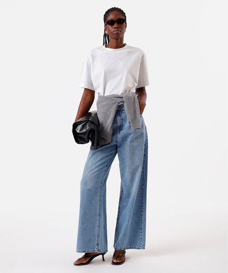 calça wide leg feminina jeans cintura alta azul 40 calça wide leg feminina jeans cintura alta azul 40