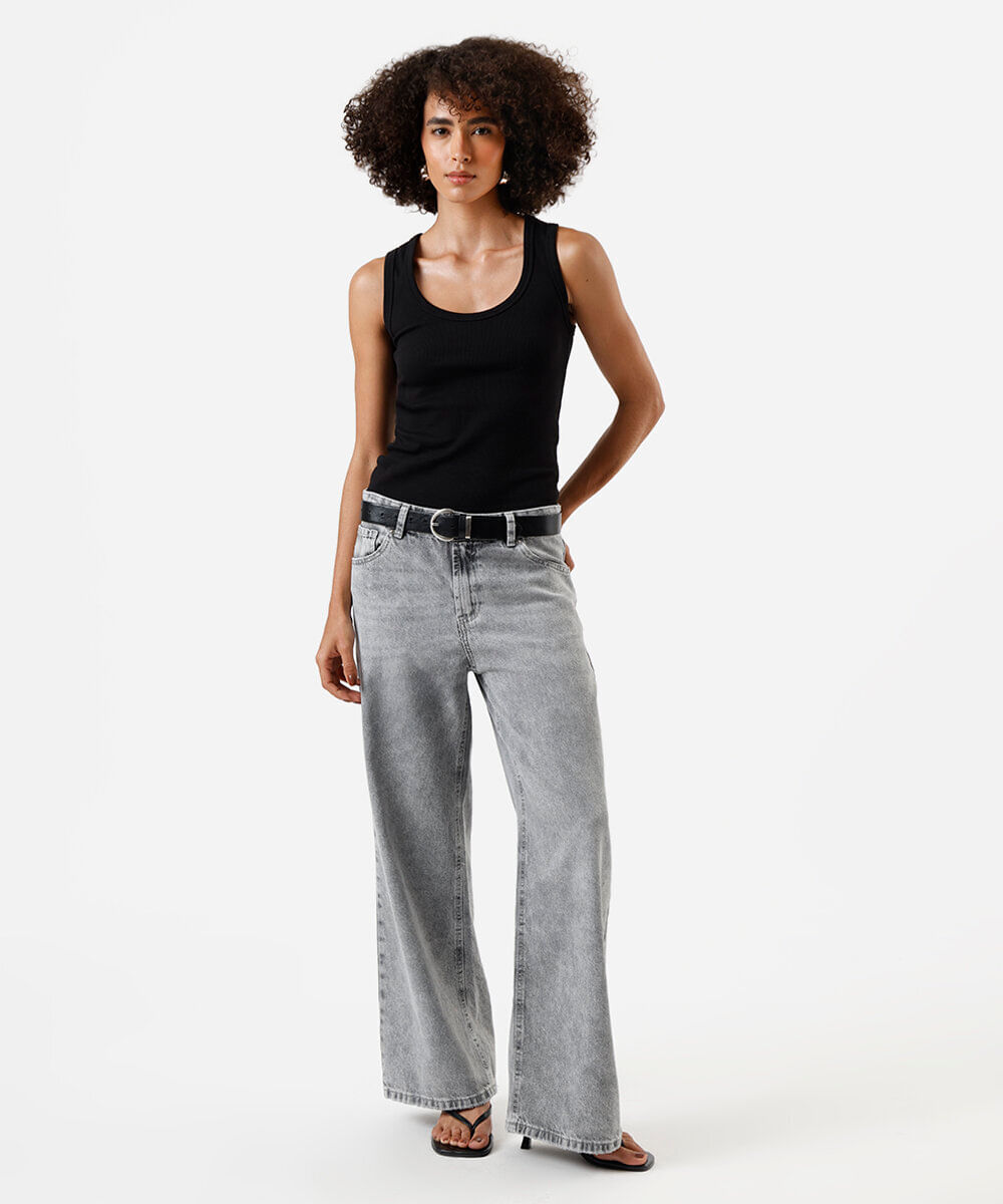 calça jeans feminina wide leg cintura baixa cinza