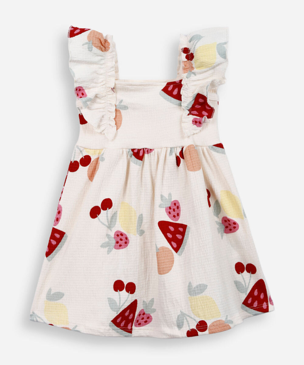 vestido infantil de algodão texturizado frutas off white