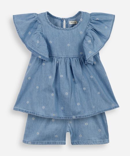 conjunto curto infantil jeans floral azul 1 conjunto curto infantil jeans floral azul 1