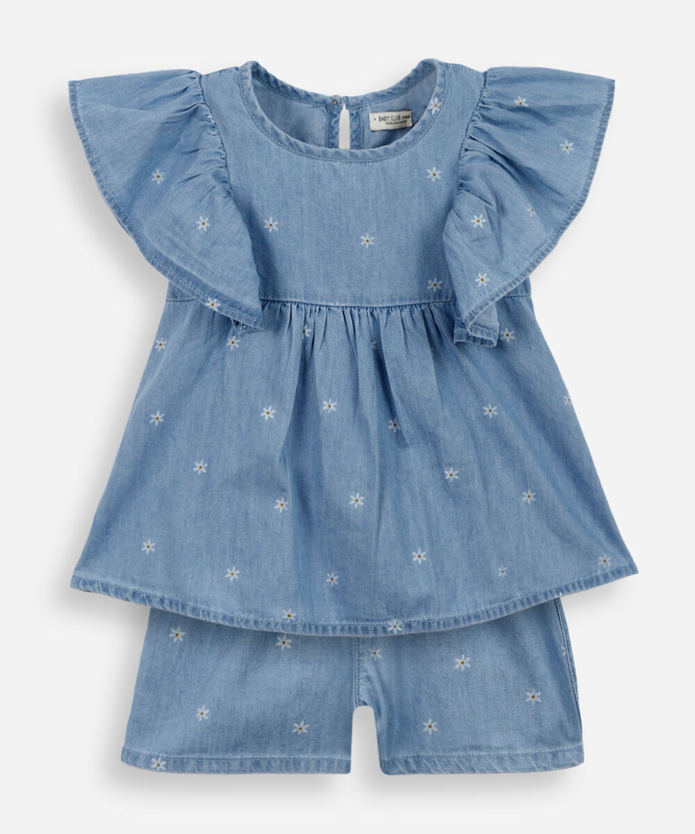conjunto curto infantil jeans floral azul