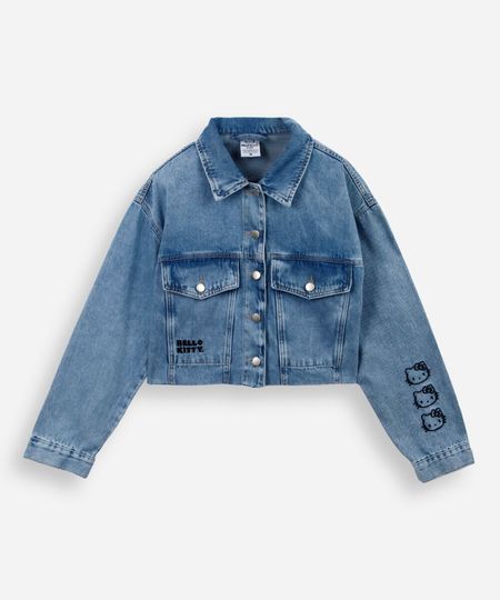 jaqueta jeans juvenil bordada hello kitty azul 14