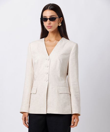 blazer de alfaiataria feminino com linho mindset bege PP blazer de alfaiataria feminino com linho mindset bege PP