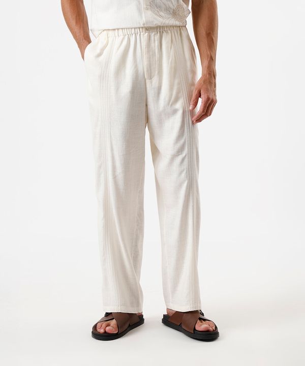 calça reta masculina com linho e bordado cós elástico off white 46