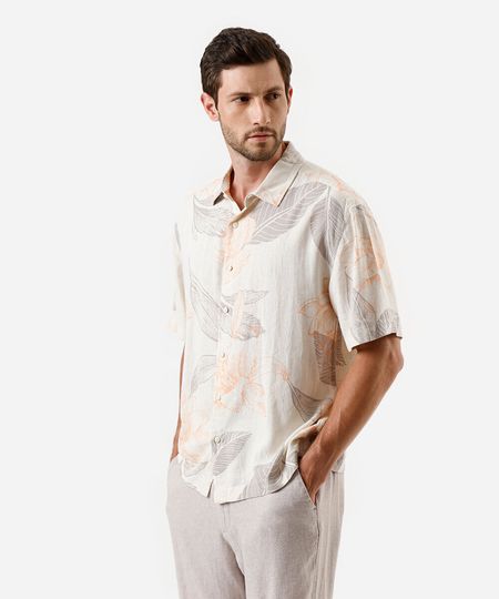 camisa masculina com linho floral off white M camisa masculina com linho floral off white M