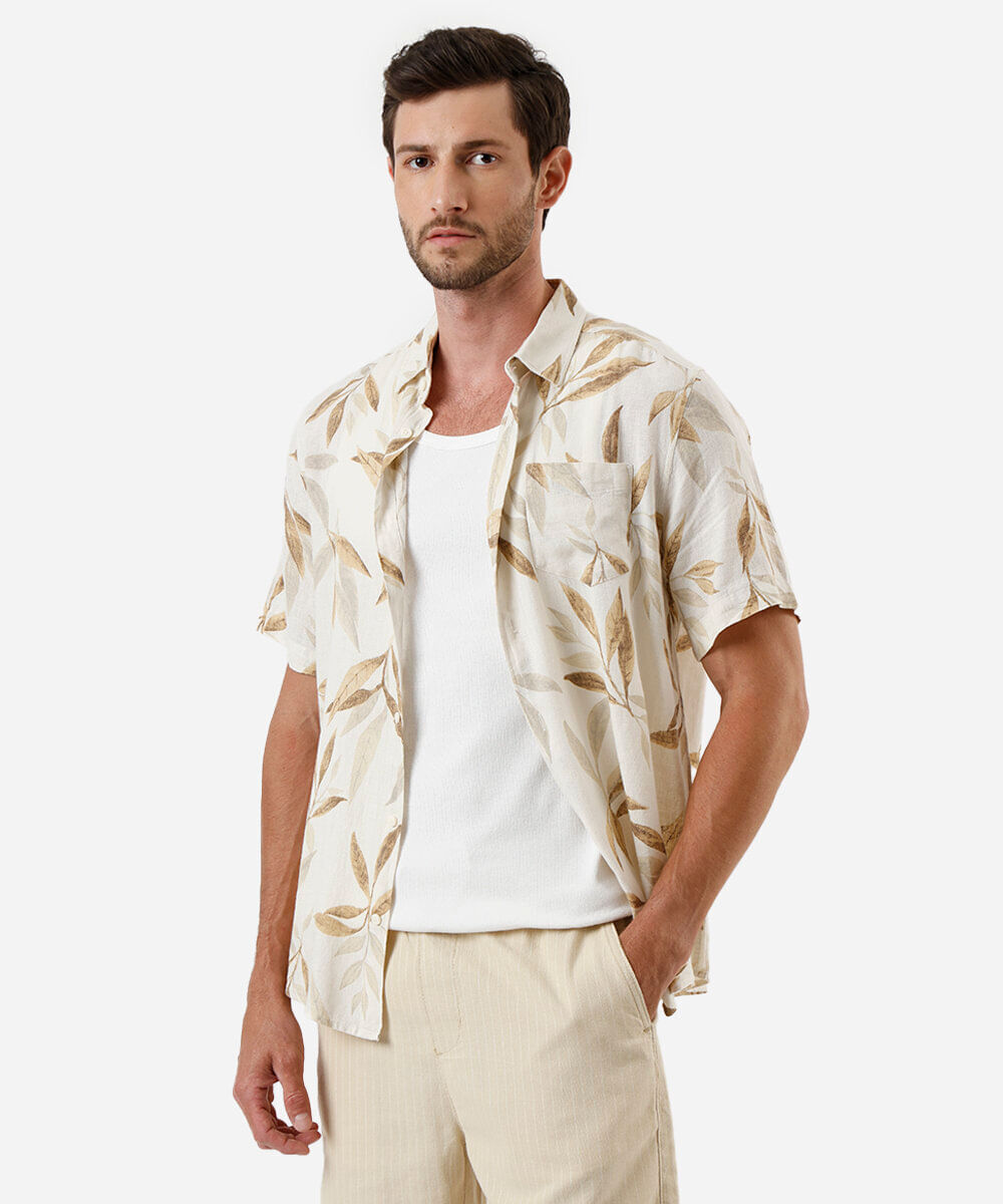 camisa masculina com linho folhagens colorida