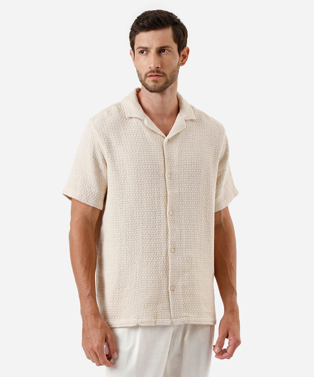 camisa masculina de algodão texturizada off white
