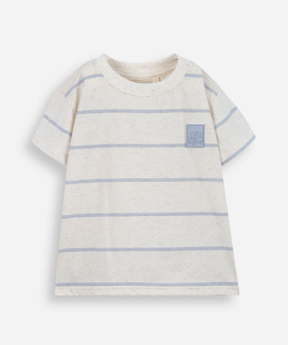 camiseta infantil com linho listrada bege