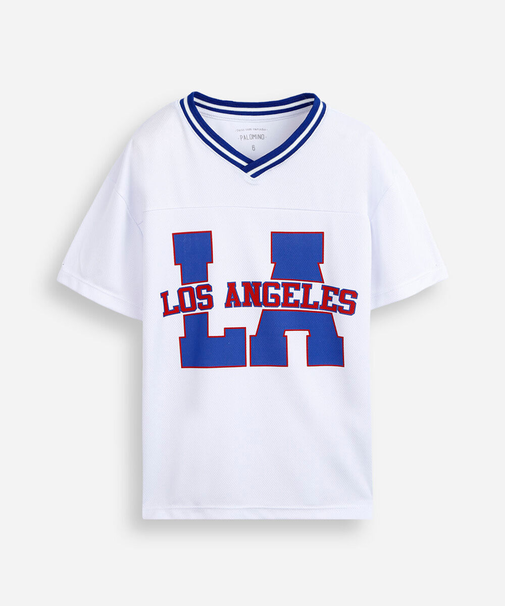 camiseta infantil esportiva gola v los angeles off white