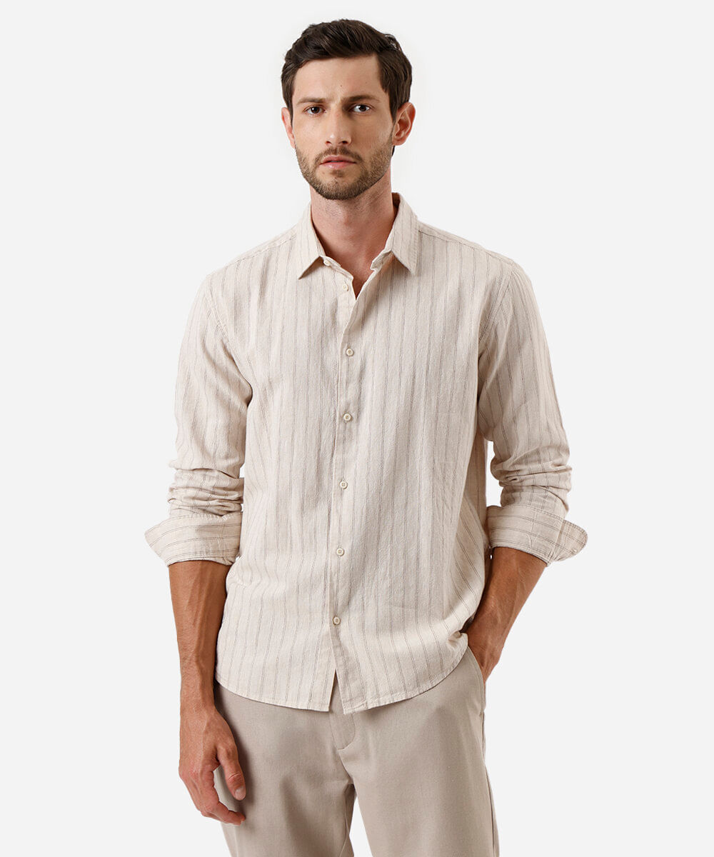 camisa masculina com linho listrada bege