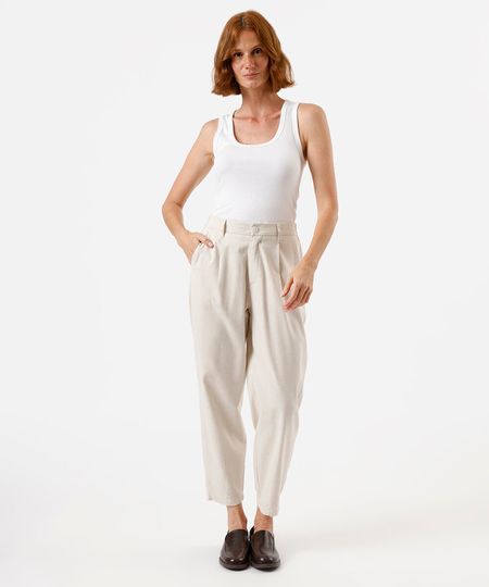 calça feminina com linho e pregas cós elástico bege 38