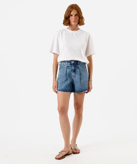 short feminino jeans com pregas e barra a fio azul 34