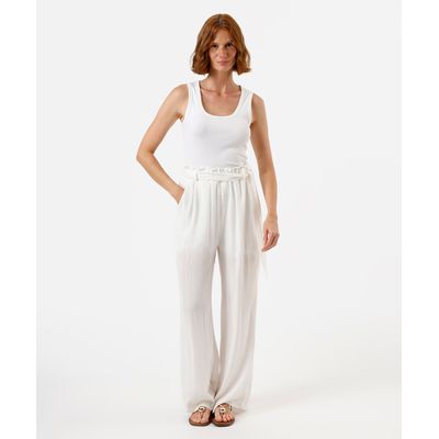 calça wide leg feminina de viscose com lurex texturizada off white