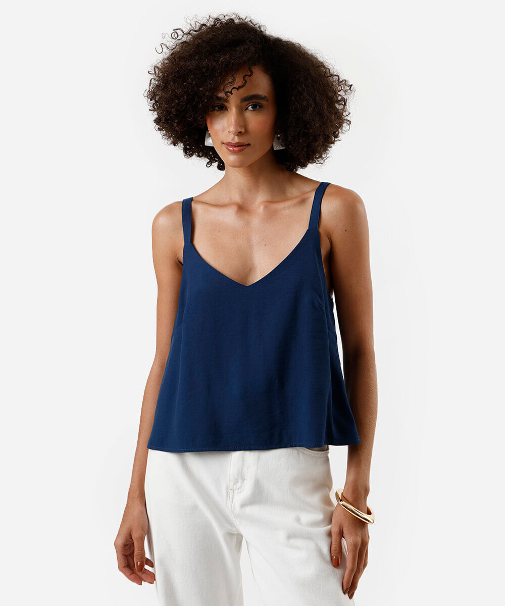 regata feminina de viscose decote v azul