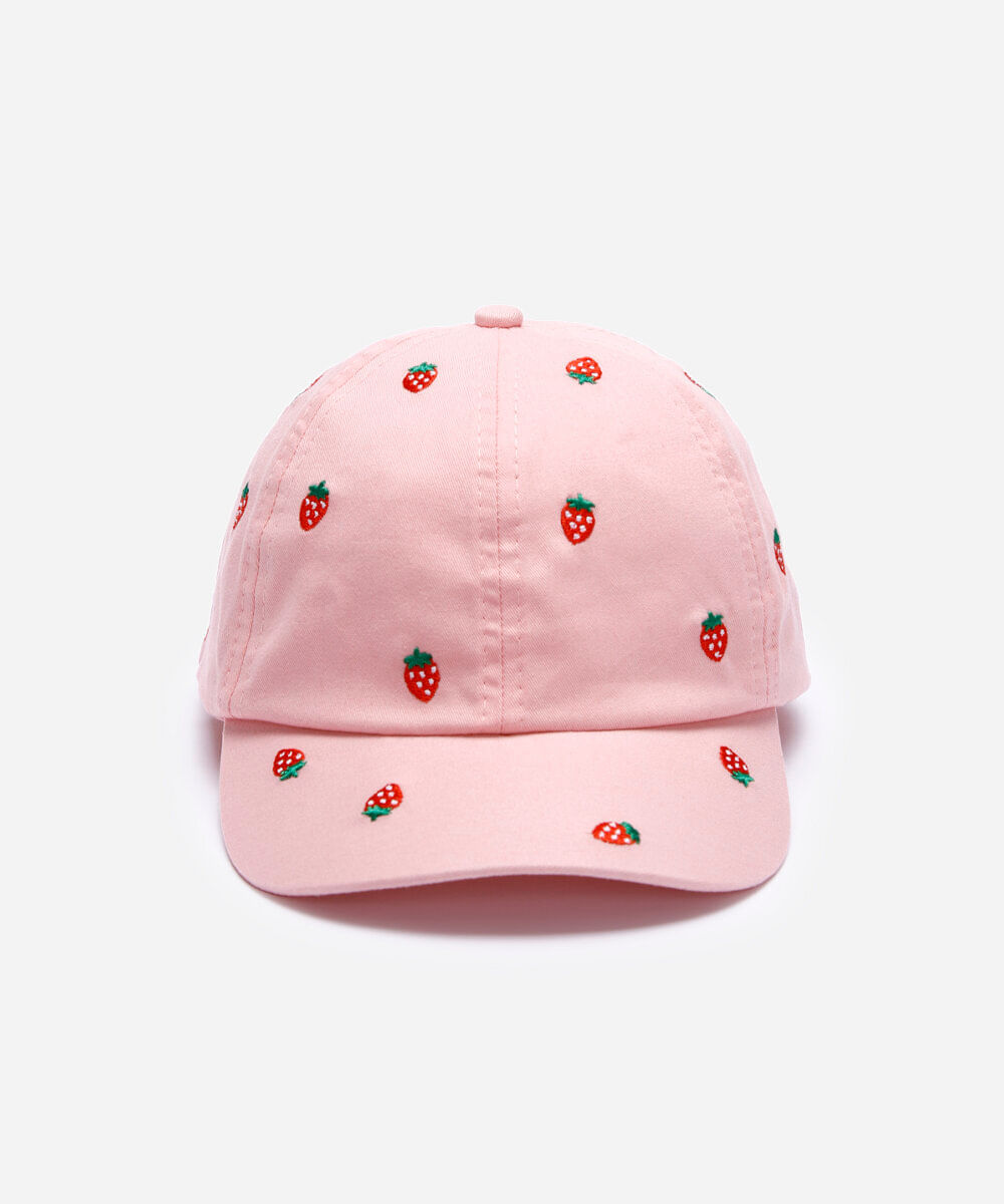 boné infantil com bordado de morango rosa