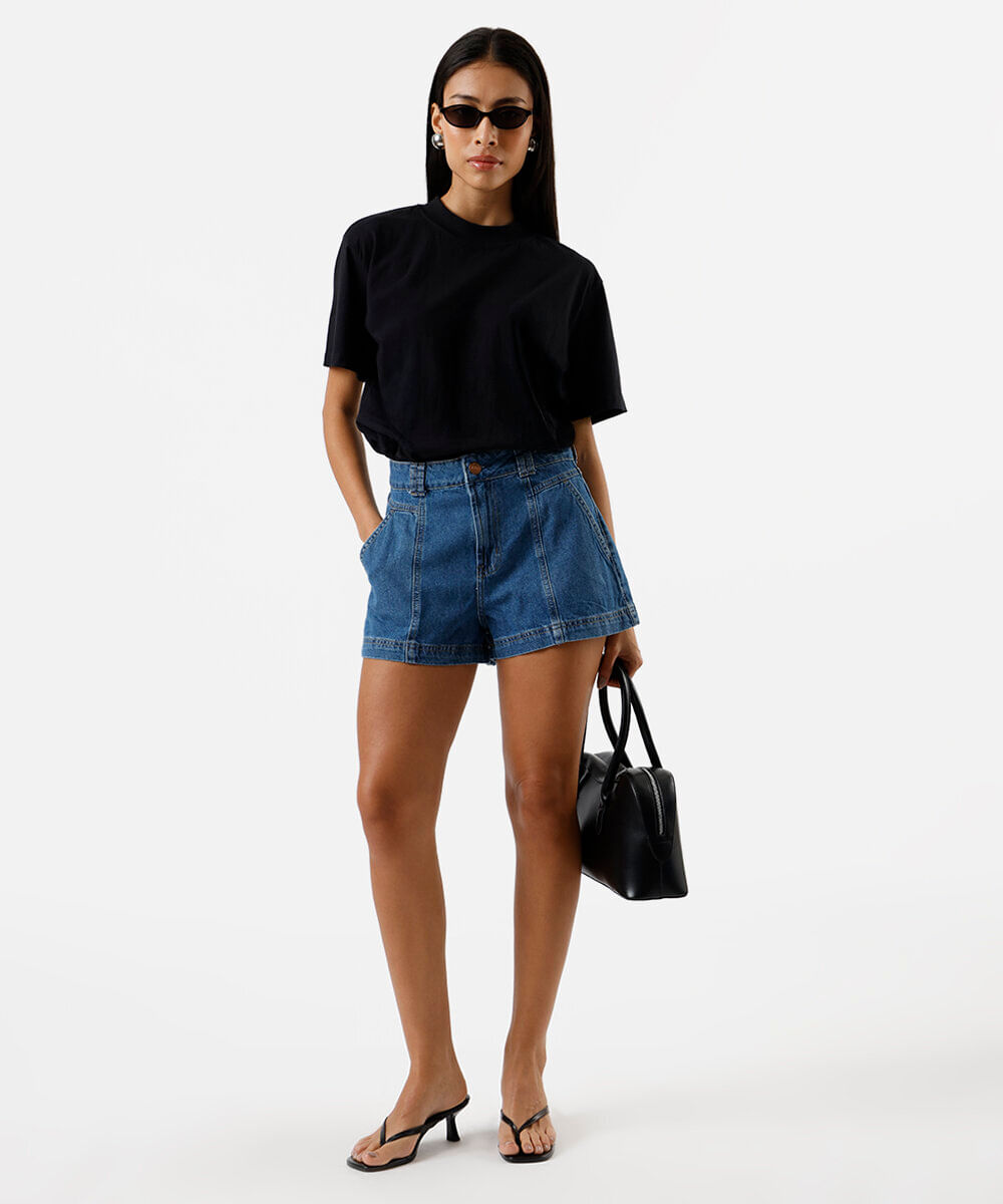 short feminino jeans com recortes azul