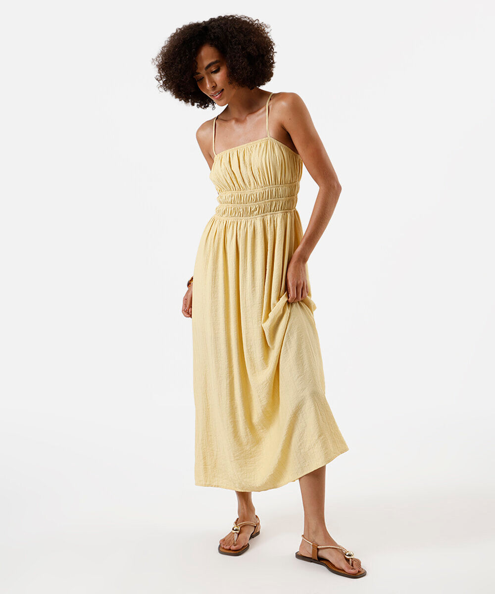 vestido midi feminino de viscose alça fina amarelo