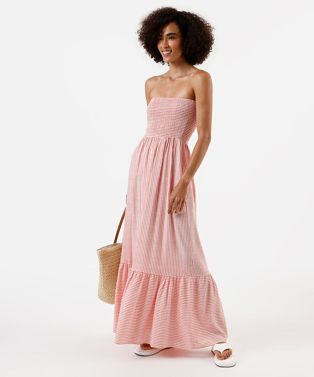 vestido longo sem alça feminino com viscose listrado vermelho