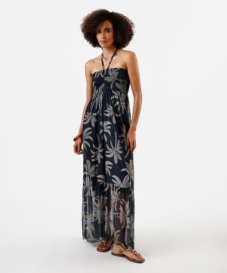 vestido longo feminino de tule com recorte folhagens azul M