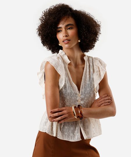 blusa feminina com babados texturizada bege PP blusa feminina com babados texturizada bege PP