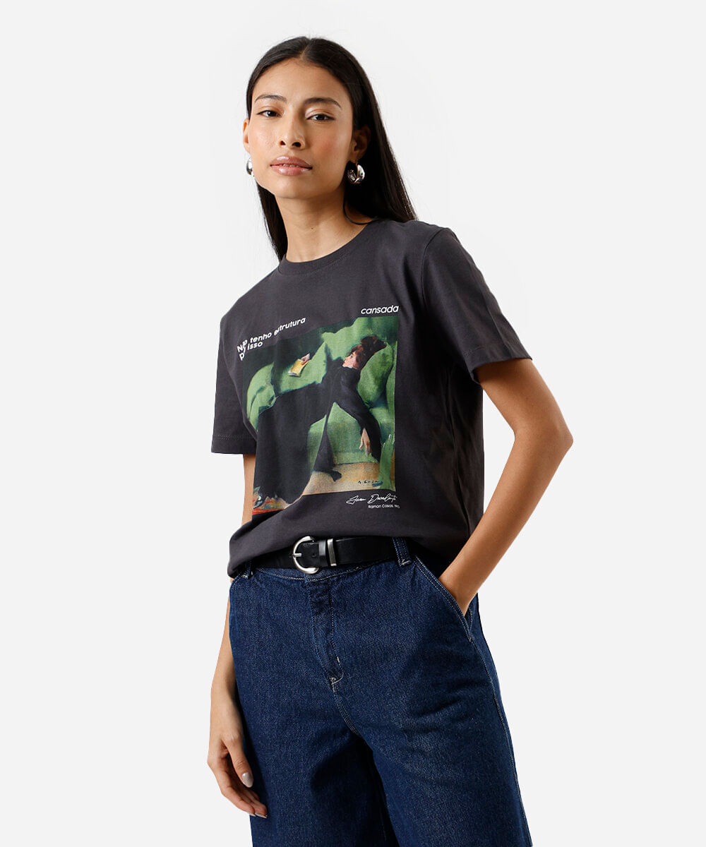 camiseta feminina de algodão estampada cinza