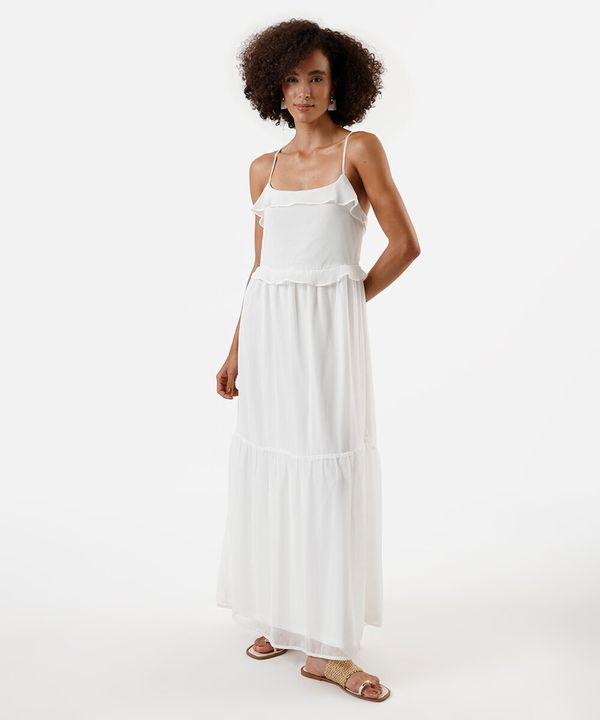 vestido longo alça fina feminino com recortes e babados off white P