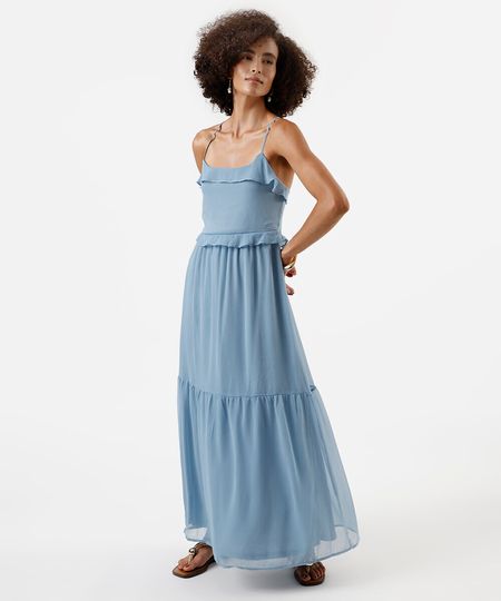 vestido longo alça fina feminino com recortes e babados azul GG vestido longo alça fina feminino com recortes e babados azul GG