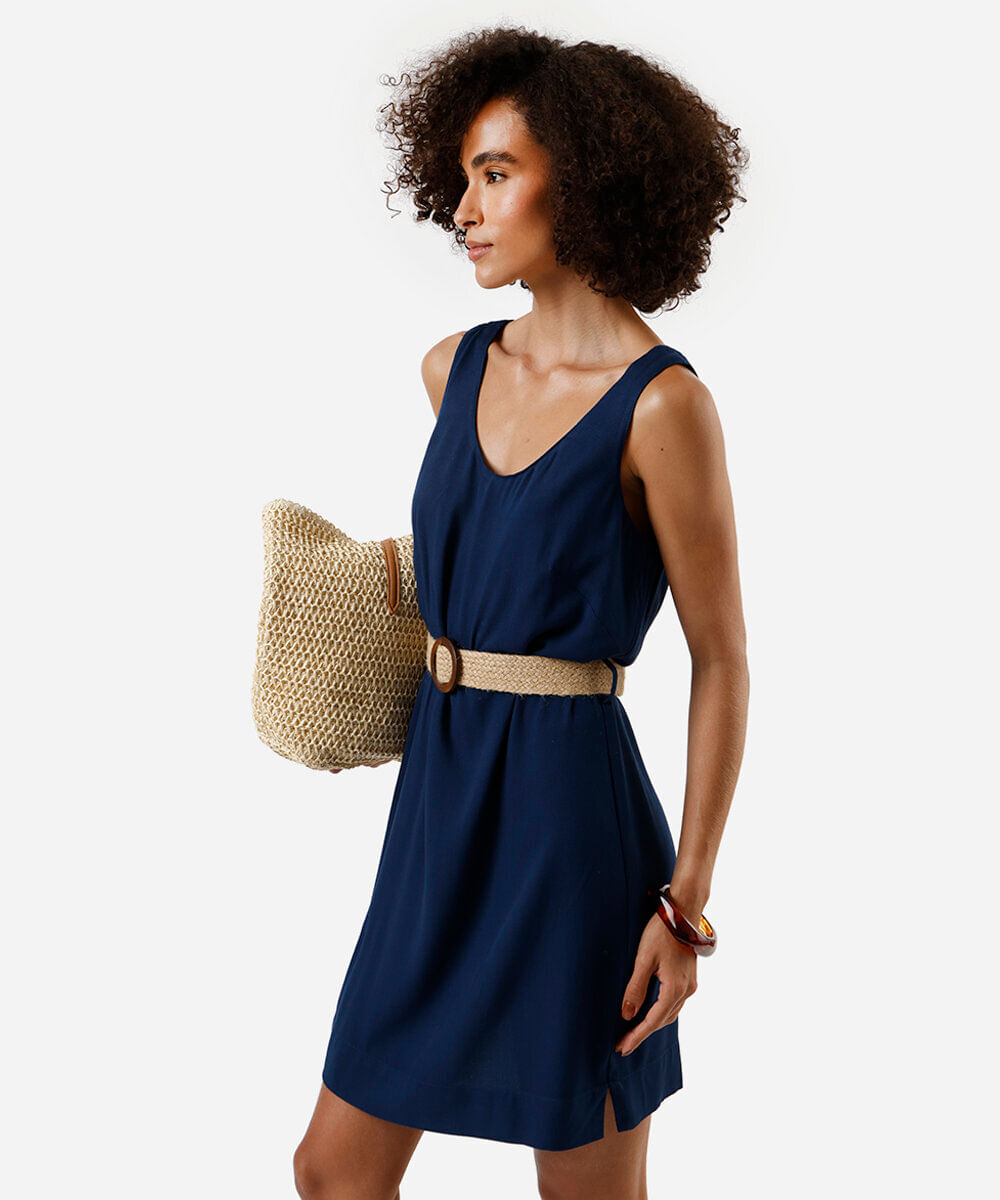 vestido curto feminino de viscose com cinto azul