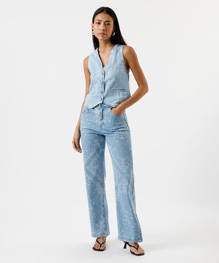 calça wide leg slim feminina jeans paisley azul 34 calça wide leg slim feminina jeans paisley azul 34