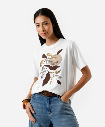 camiseta feminina de algodão estampa com paetê off white GG camiseta feminina de algodão estampa com paetê off white GG