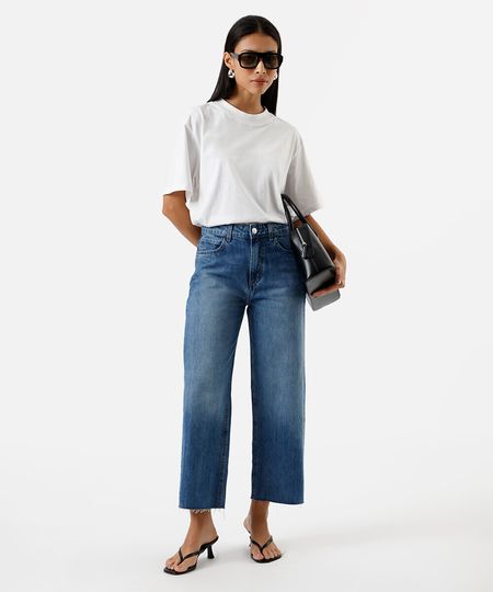 calça wide leg cropped feminina jeans azul 34 calça wide leg cropped feminina jeans azul 34