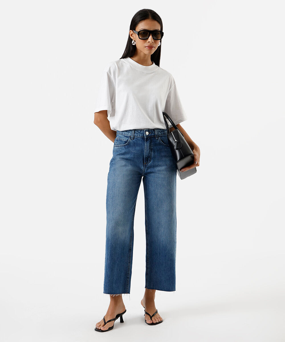 calça wide leg cropped feminina jeans azul