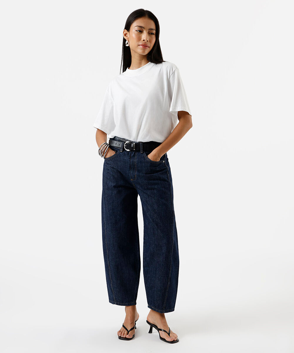 calça barrel feminina jeans cintura média azul