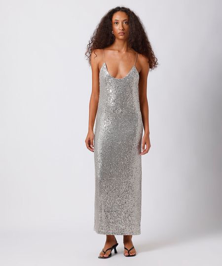 vestido midi alça fina feminino de paetê mindset prateado PP vestido midi alça fina feminino de paetê mindset prateado PP