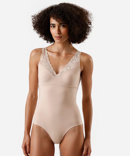 body feminino com renda delrio bege P
