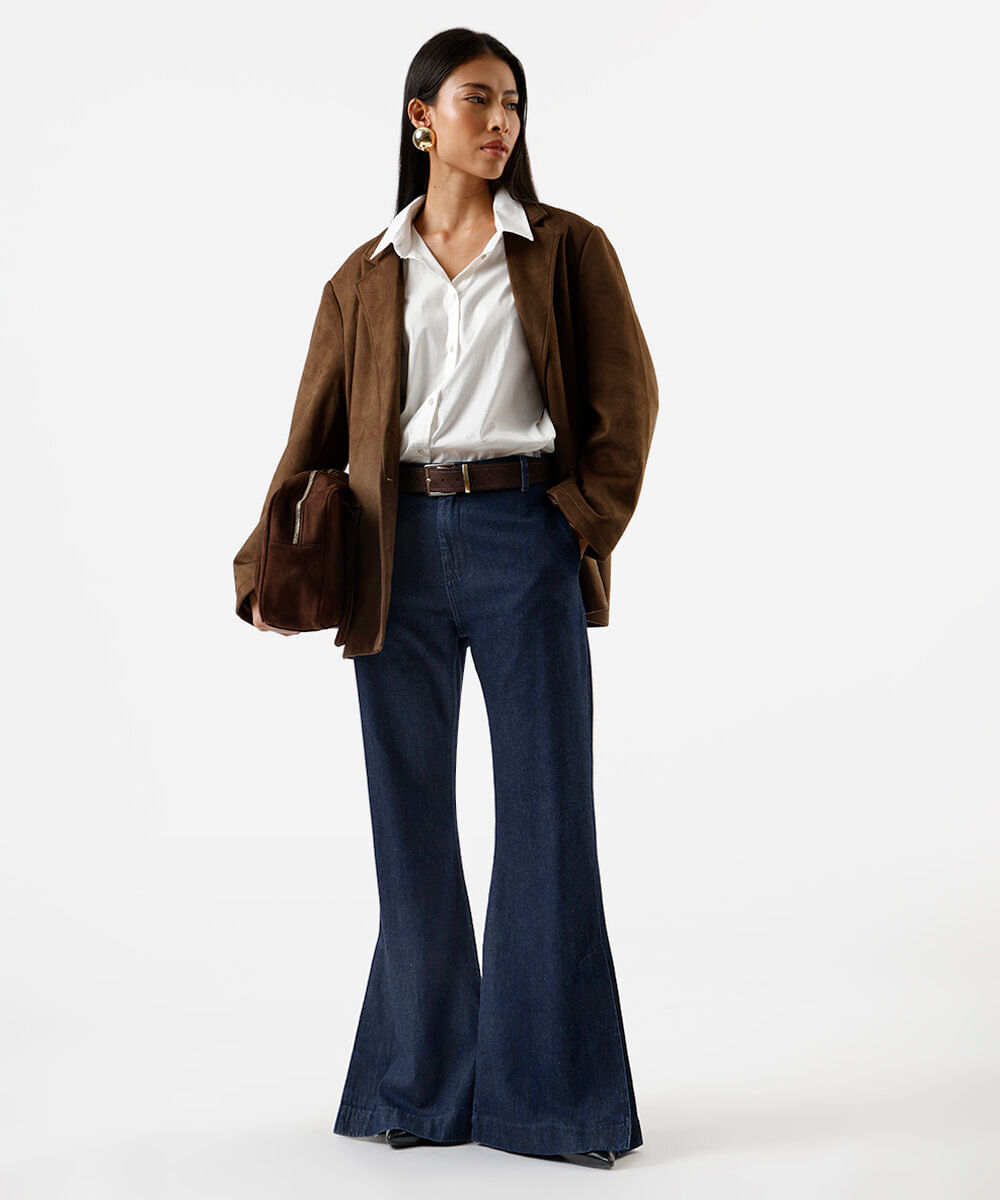 calça flare feminina jeans com fendas azul