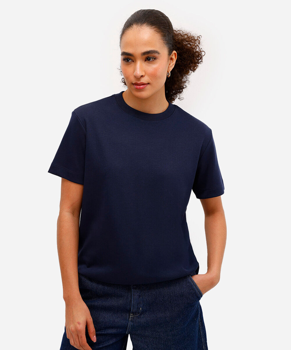 camiseta comfort feminina de algodão peruano interlock azul