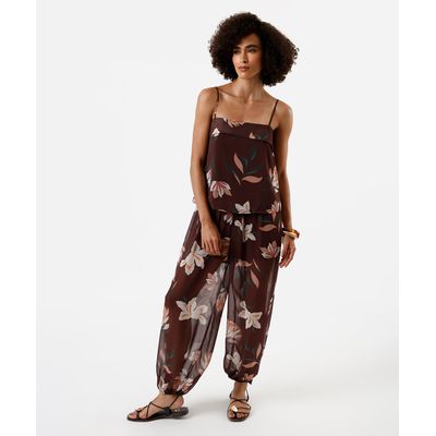 calça aladim feminina de tule floral marrom