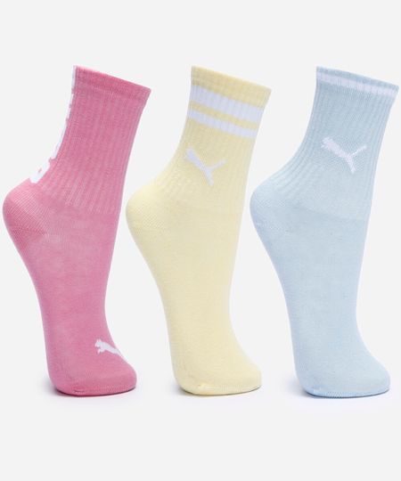 kit de 3 meias cano alto infantis puma colorido 30-33