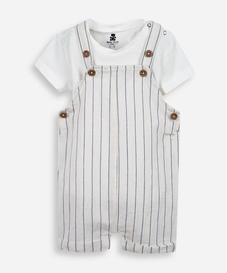 jardineira infantil de algodão listrada off white 6-9 jardineira infantil de algodão listrada off white 6-9