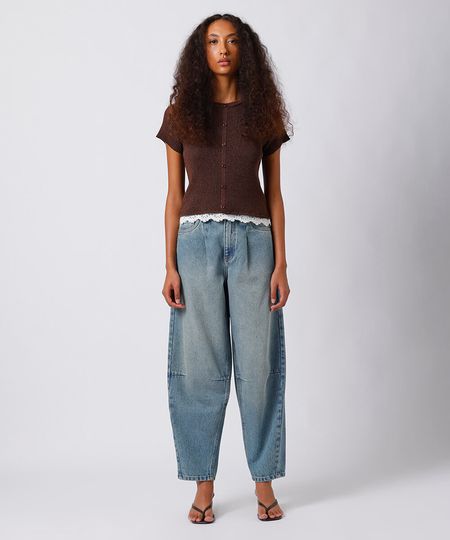 calça barrel feminina jeans dirty com pences mindset azul 42