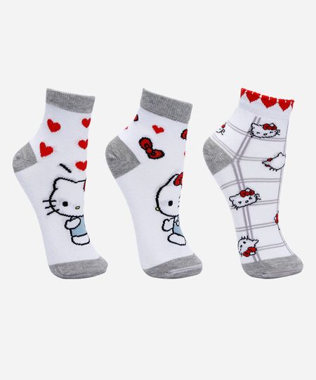 kit de 3 meias cano médio hello kitty colorido 34-39