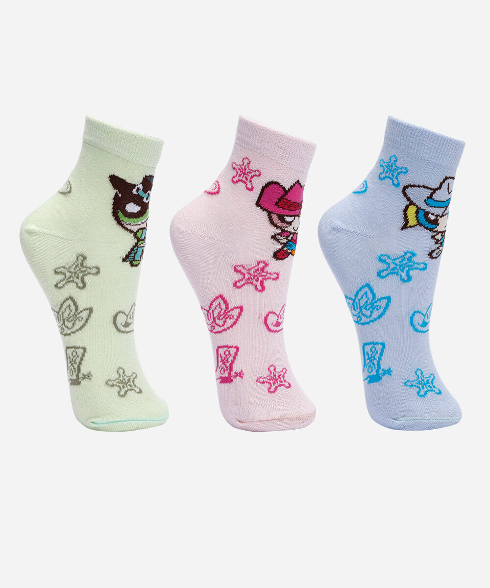 kit de 3 meias cano médio meninas super poderosas country colorido