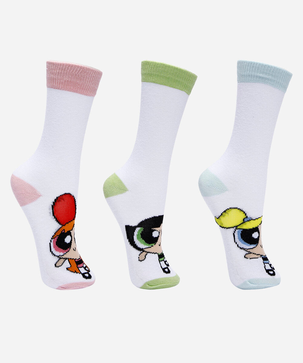 kit de 3 meias cano médio as meninas super poderosas colorido