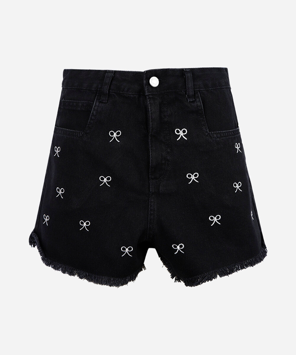 short juvenil infantil com laços bordados preto