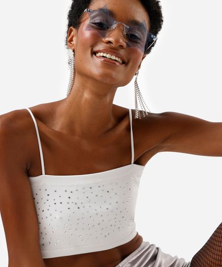 top faixa feminino com strass e alças removíveis off white M top faixa feminino com strass e alças removíveis off white M